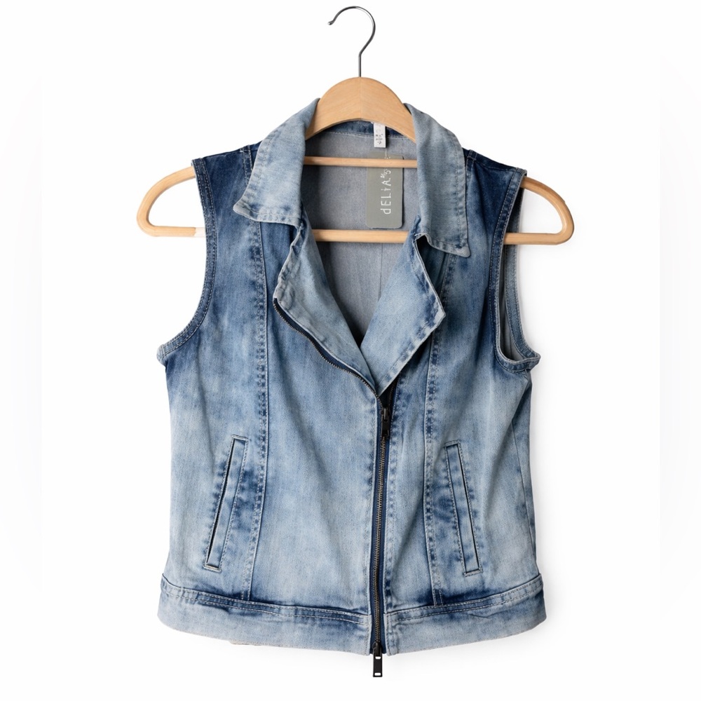 dELiA*s Acid Wash Denim Moto Vest Y2K Sleeveless Jean Jacket Medium
